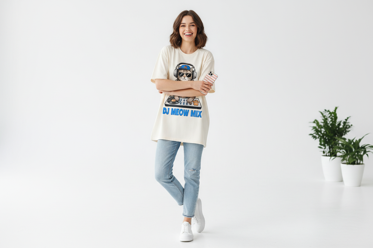 Women dressing a cat dj shirt